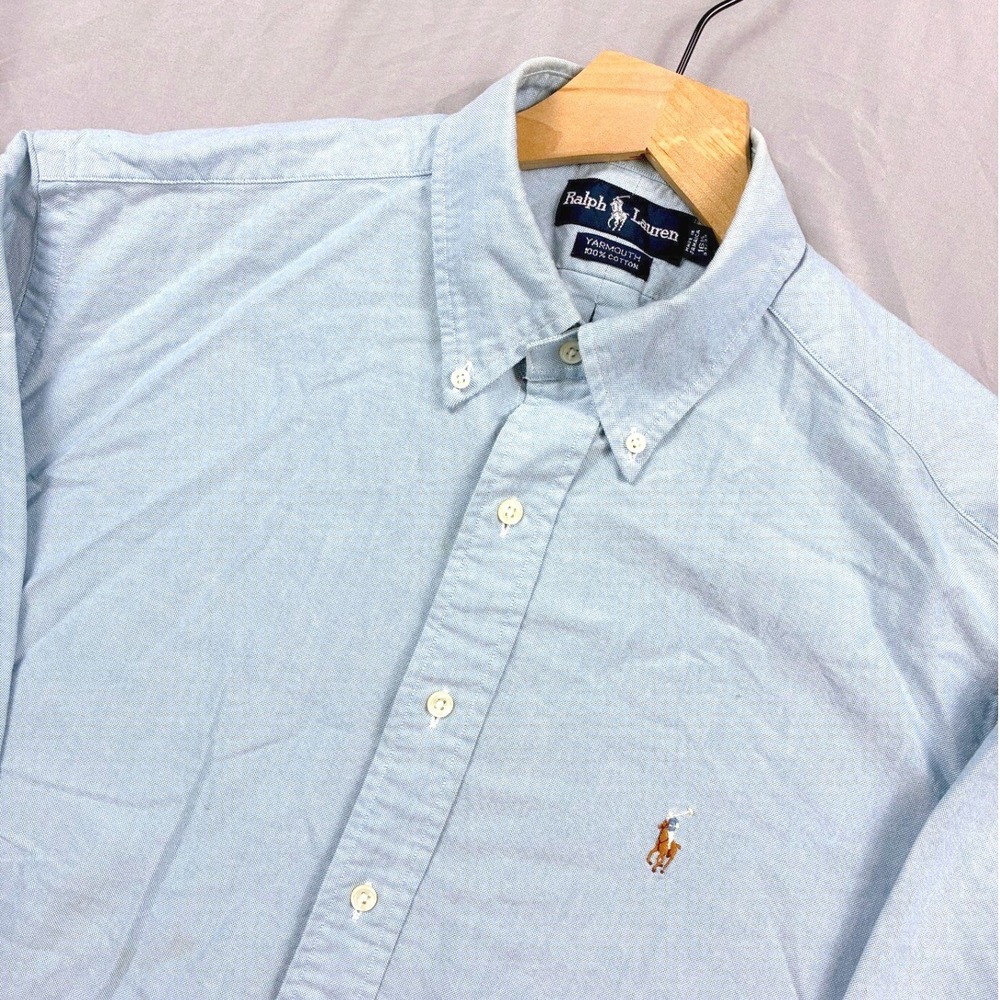 Ralph Lauren Yarmouth Shirt Flesh Pony Logo Large Blue Teal 16.5 34/35 VTG Polo